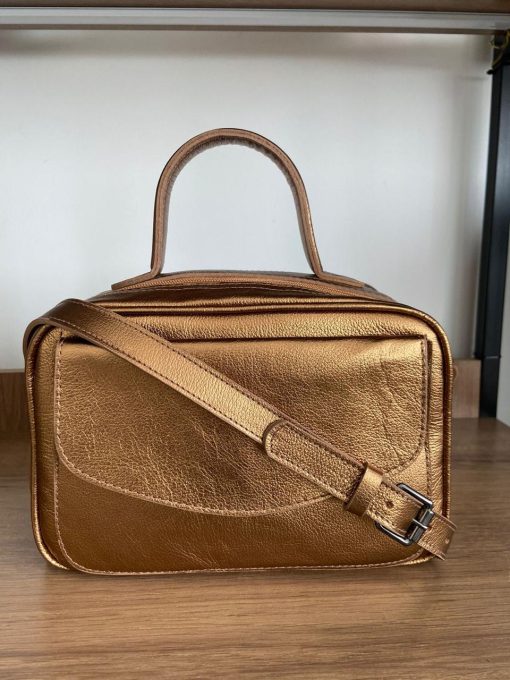 Bolsa Manuela Baú Média couro Metalizada Bronze